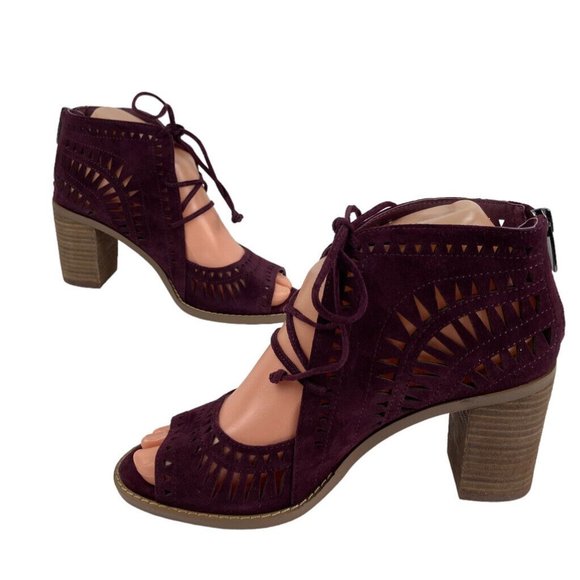 *Vince Camuto Tarita Cut Out Lace Up Burgundy Suede Open Toe Heel Bootie Size 6 - Picture 5 of 16